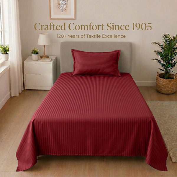 210 TC 100% Cotton Italian Strip Single Bedsheet | 90 x 60 Inches | Maroon