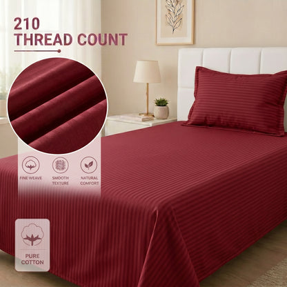 210 TC 100% Cotton Italian Strip Single Bedsheet | 90 x 60 Inches | Maroon