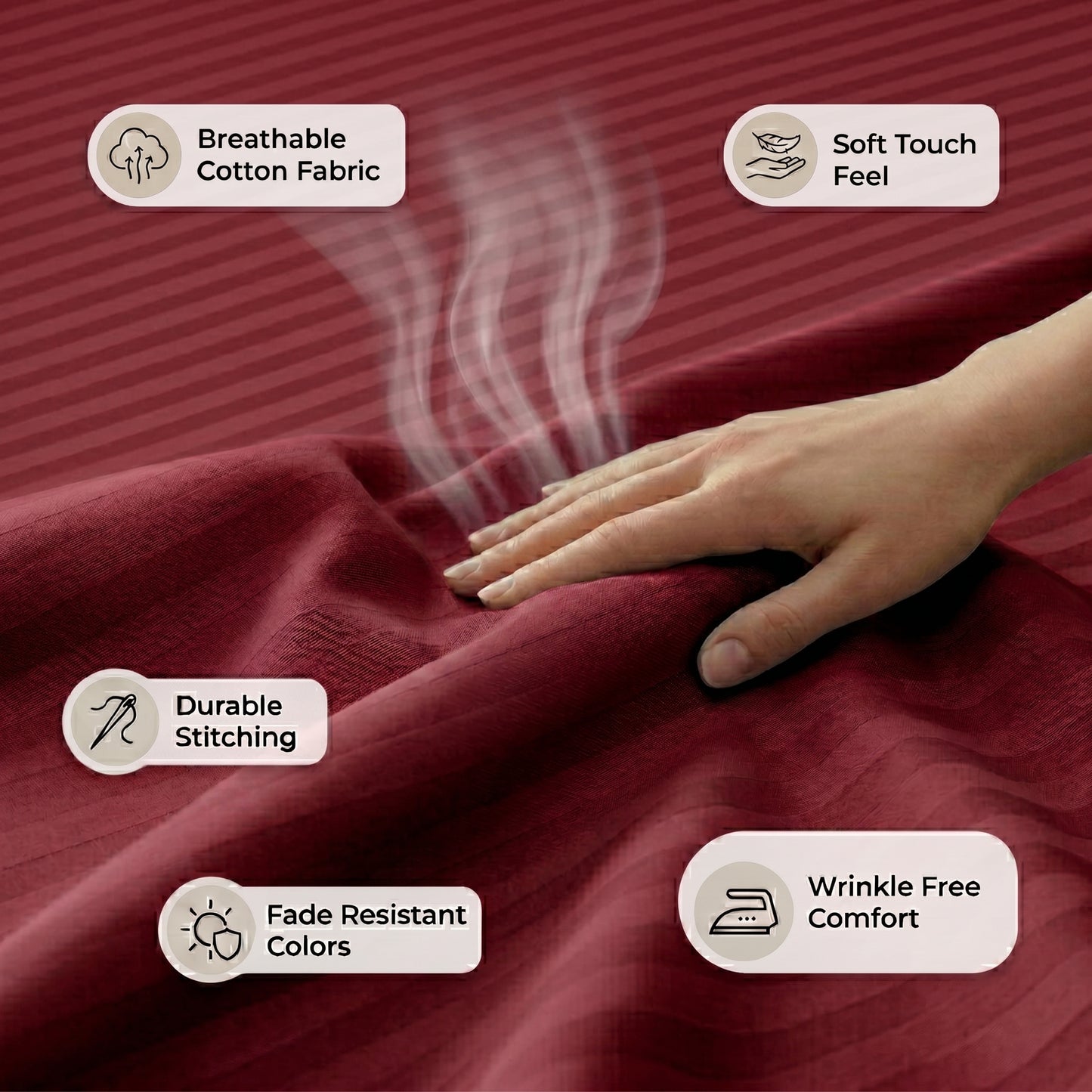 210 TC 100% Cotton Italian Strip Single Bedsheet | 90 x 60 Inches | Maroon