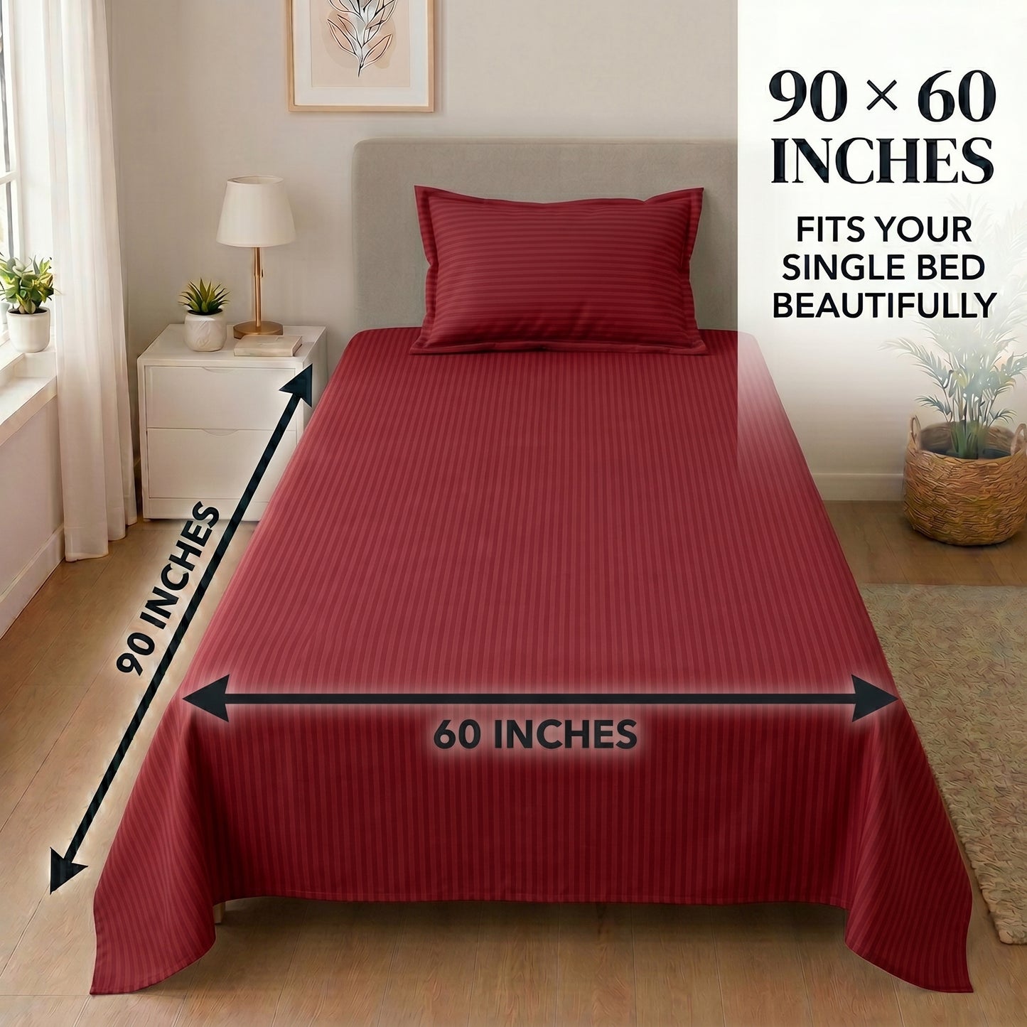 210 TC 100% Cotton Italian Strip Single Bedsheet | 90 x 60 Inches | Maroon