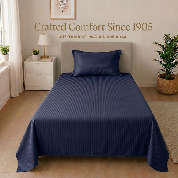 210 TC 100% Cotton Italian Strip Single Bedsheet | Navy Blue