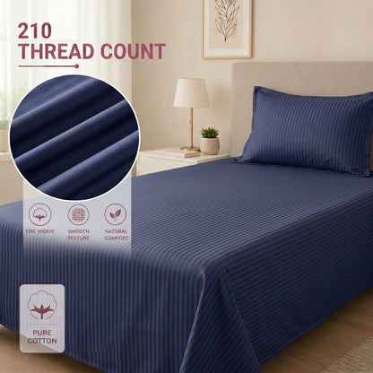 210 TC 100% Cotton Italian Strip Single Bedsheet | Navy Blue