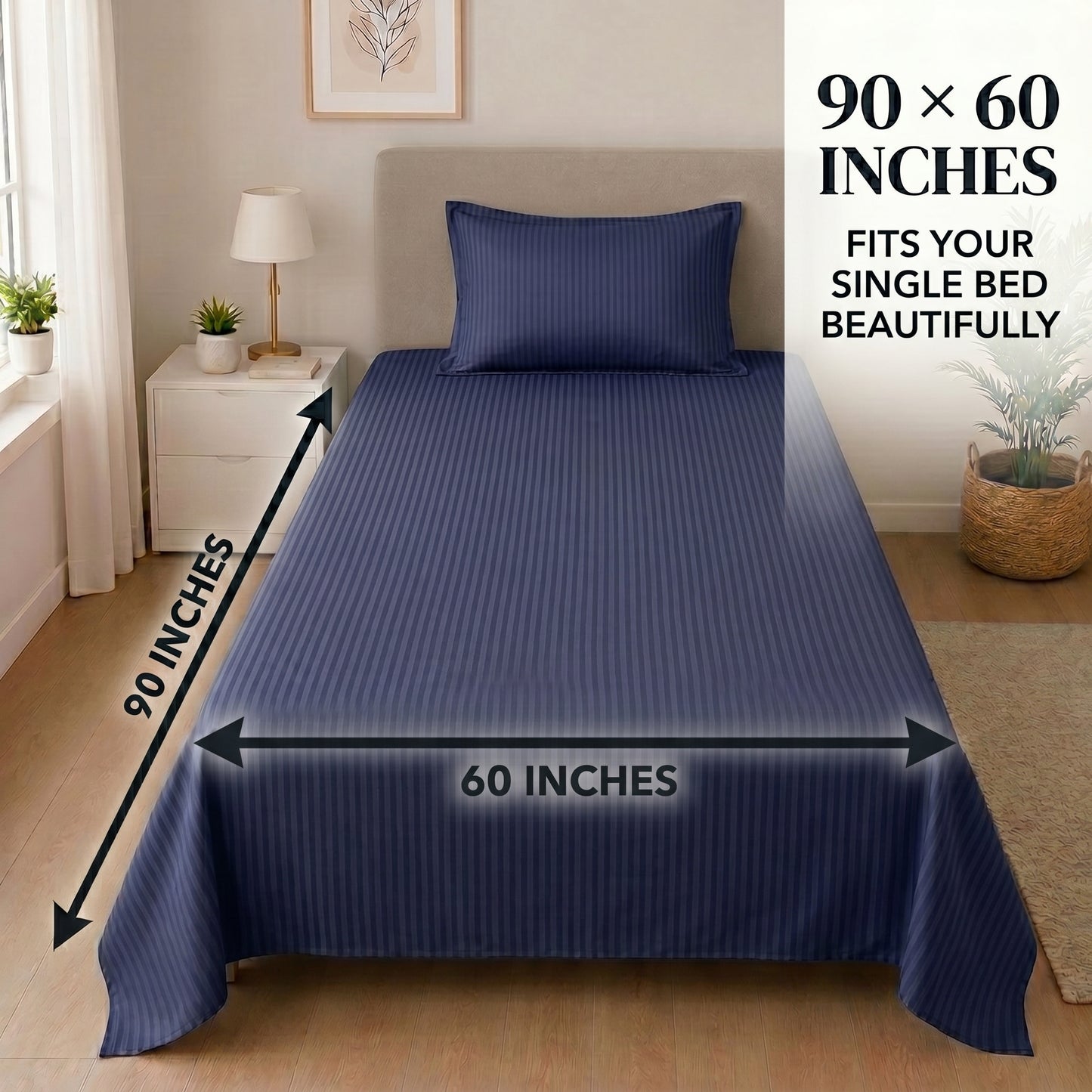 210 TC 100% Cotton Italian Strip Single Bedsheet | Navy Blue