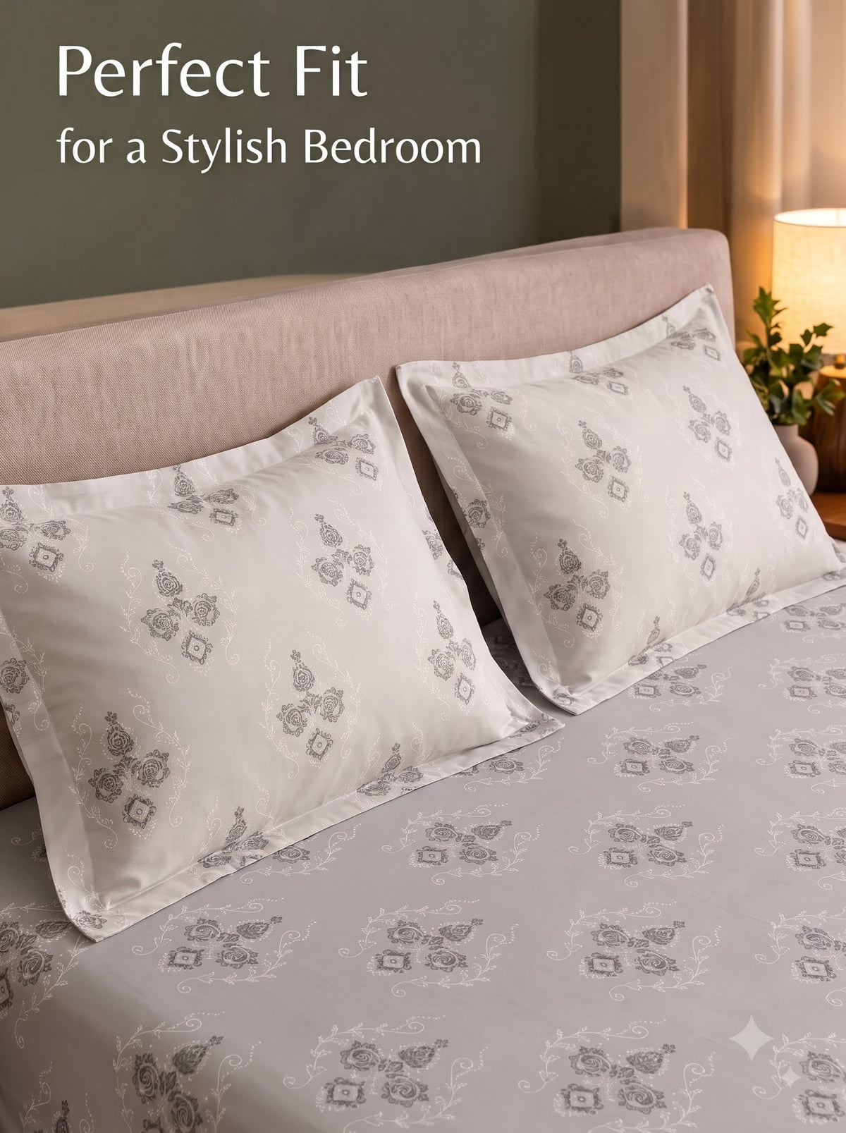 CROWN 100% Cotton Premium Bedsheet | 186 TC Twill Satin Weave | King Size 108 x 108 Inches | Soft, Breathable & Durable| Off White & Grey