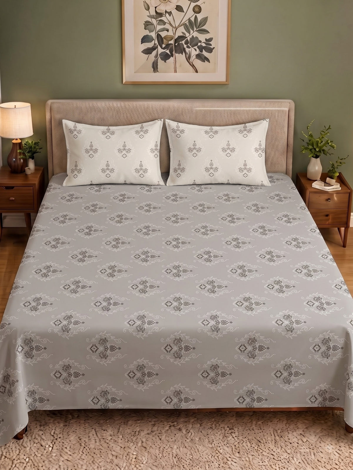 CROWN 100% Cotton Premium Bedsheet | 186 TC Twill Satin Weave | King Size 108 x 108 Inches | Soft, Breathable & Durable| Off White & Grey
