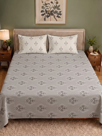 CROWN 100% Cotton Premium Bedsheet | 186 TC Twill Satin Weave | King Size 108 x 108 Inches | Soft, Breathable & Durable| Off White & Grey
