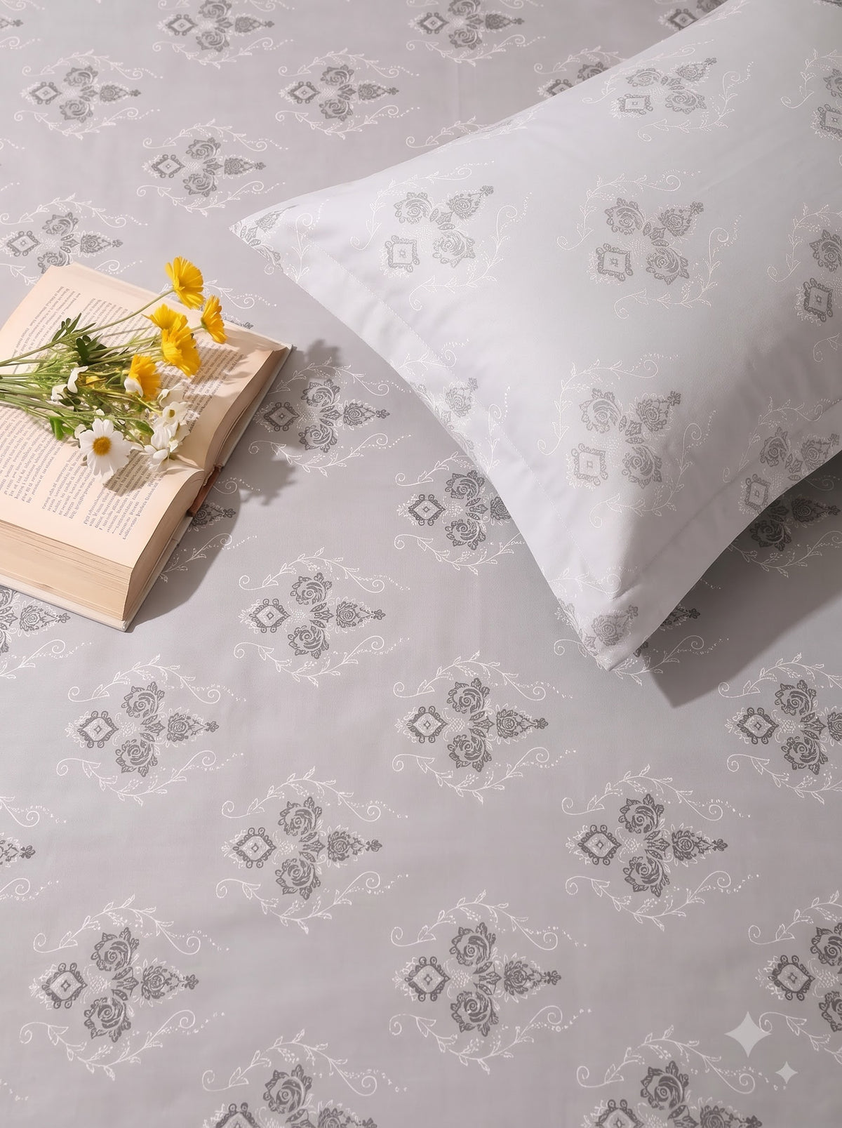 CROWN 100% Cotton Premium Bedsheet | 186 TC Twill Satin Weave | King Size 108 x 108 Inches | Soft, Breathable & Durable| Off White & Grey