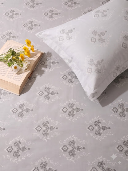 CROWN 100% Cotton Premium Bedsheet | 186 TC Twill Satin Weave | King Size 108 x 108 Inches | Soft, Breathable & Durable| Off White & Grey