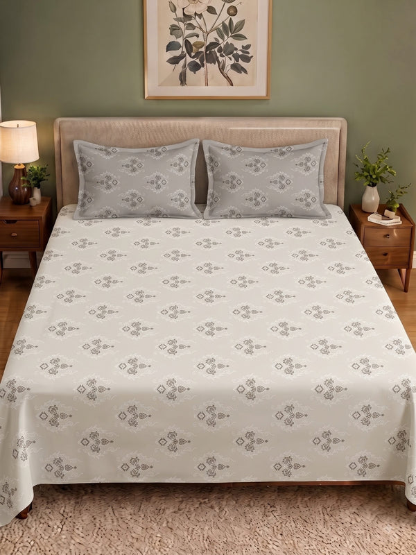 CROWN 100% Cotton Premium Bedsheet | 186 TC Twill Satin Weave | King Size 108 x 108 Inches | Soft, Breathable & Durable| Beige&grey