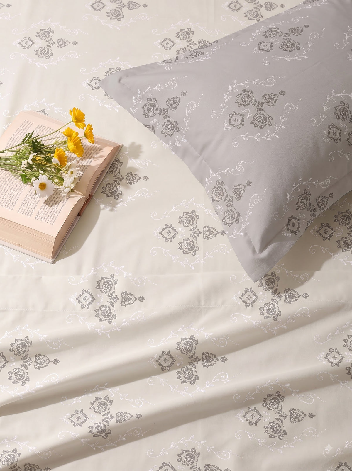 CROWN 100% Cotton Premium Bedsheet | 186 TC Twill Satin Weave | King Size 108 x 108 Inches | Soft, Breathable & Durable| Beige&grey