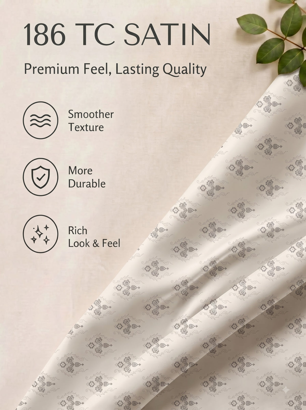 CROWN 100% Cotton Premium Bedsheet | 186 TC Twill Satin Weave | King Size 108 x 108 Inches | Soft, Breathable & Durable| Beige&grey