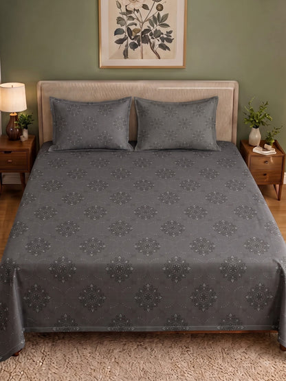 CROWN 100% Cotton Premium Bedsheet | 186 TC Twill Satin Weave | King Size 108 x 108 Inches | Soft, Breathable & Durable| Dark Grey