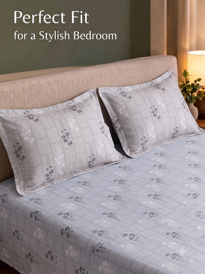CROWN 100% Cotton Premium Bedsheet | 186 TC Twill Satin Weave | King Size 108 x 108 Inches | Soft, Breathable & Durable|Light Grey