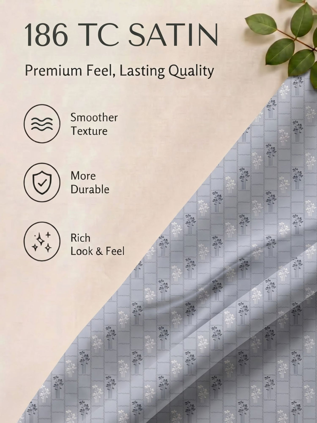 CROWN 100% Cotton Premium Bedsheet | 186 TC Twill Satin Weave | King Size 108 x 108 Inches | Soft, Breathable & Durable|Light Grey