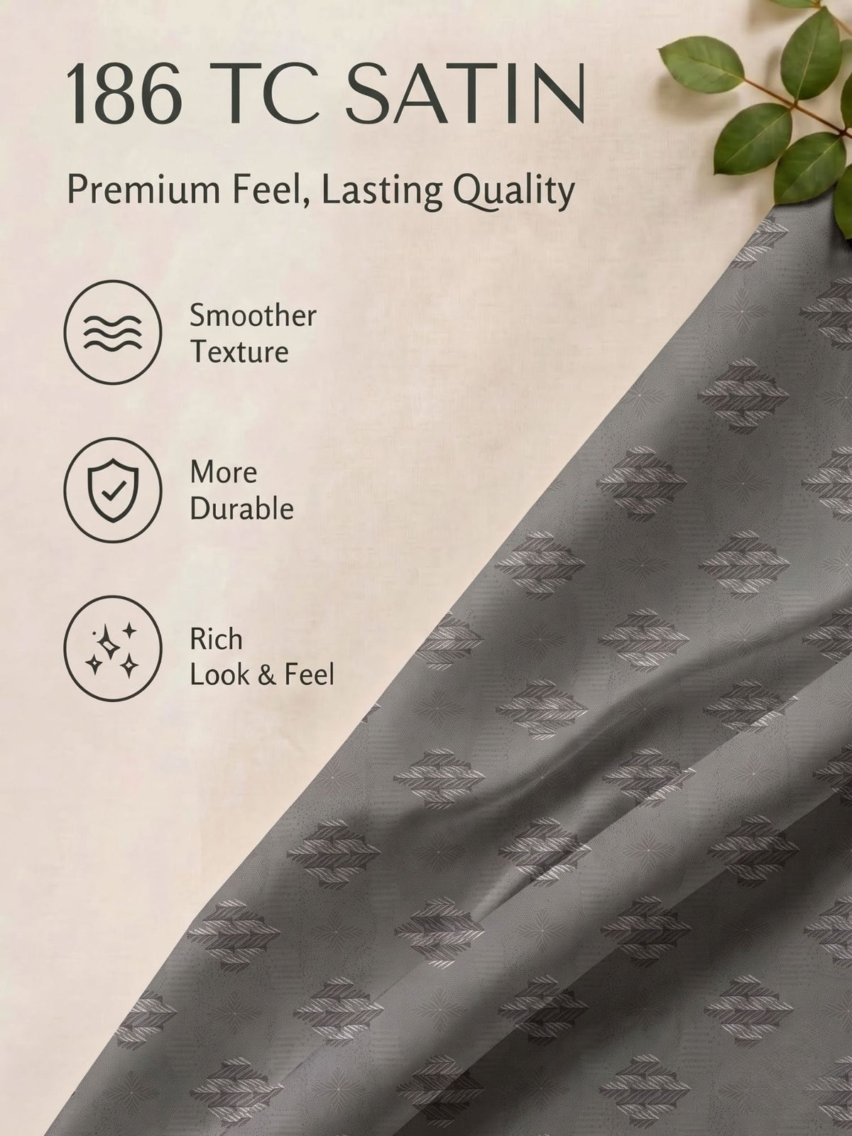 CROWN 100% Cotton Premium Bedsheet | 186 TC Twill Satin Weave | King Size 108 x 108 Inches | Soft, Breathable & Durable|Grey