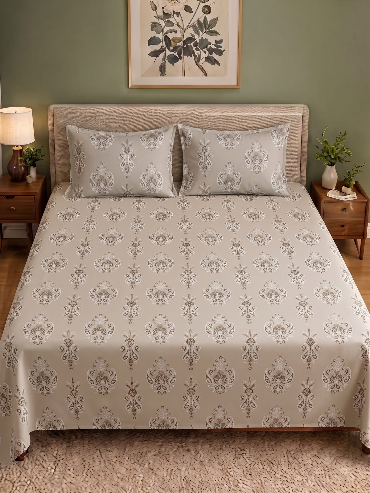 CROWN 100% Cotton Premium Bedsheet | 186 TC Twill Satin Weave | King Size 108 x 108 Inches | Soft, Breathable & Durable|Beige