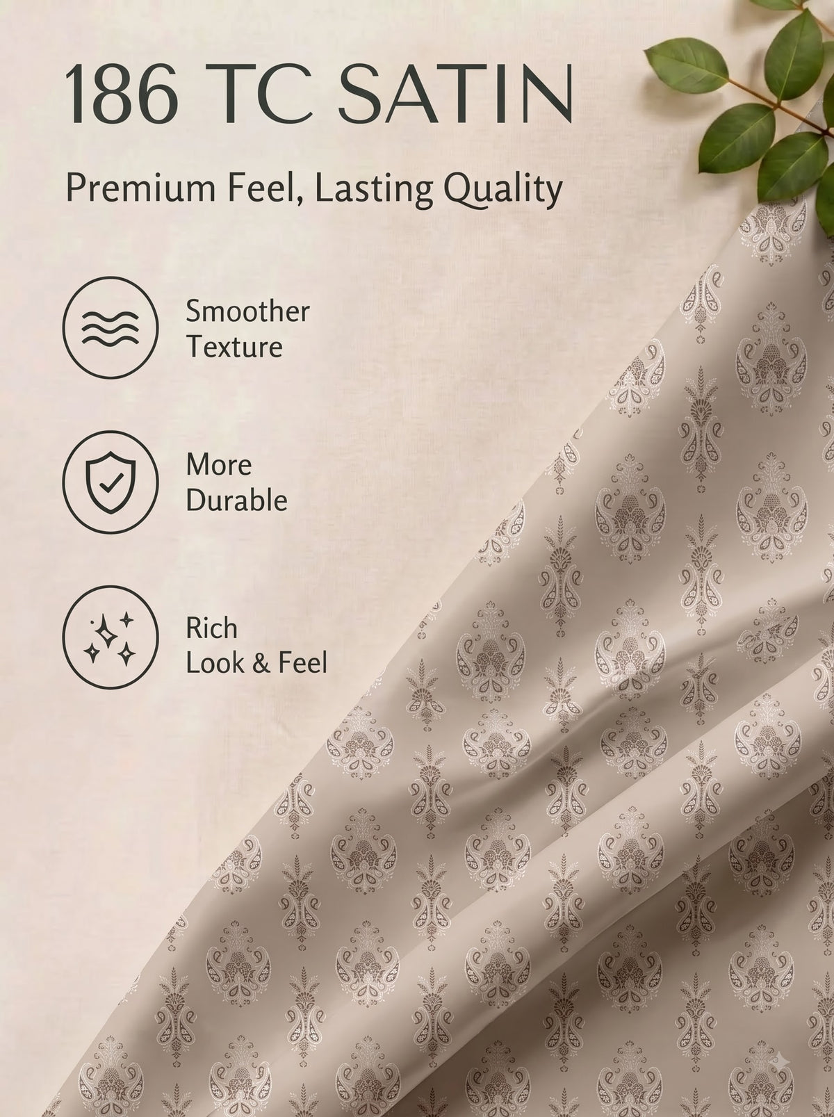 CROWN 100% Cotton Premium Bedsheet | 186 TC Twill Satin Weave | King Size 108 x 108 Inches | Soft, Breathable & Durable|Beige