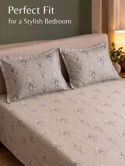 CROWN 100% Cotton Premium Bedsheet | 186 TC Twill Satin Weave | King Size 108 x 108 Inches | Soft, Breathable & Durable|Beige