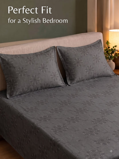 CROWN 100% Cotton Premium Bedsheet | 186 TC Twill Satin Weave | King Size 108 x 108 Inches | Soft, Breathable & Durable|Dark Grey