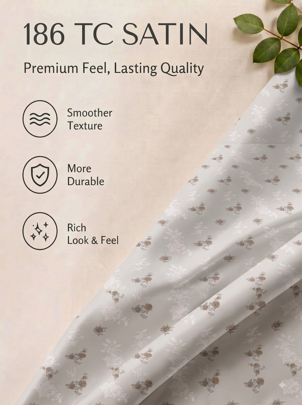 CROWN 100% Cotton Premium Bedsheet | 186 TC Twill Satin Weave | King Size 108 x 108 Inches | Soft, Breathable & Durable|Beige