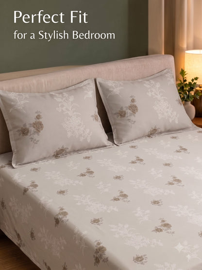 CROWN 100% Cotton Premium Bedsheet | 186 TC Twill Satin Weave | King Size 108 x 108 Inches | Soft, Breathable & Durable|Beige