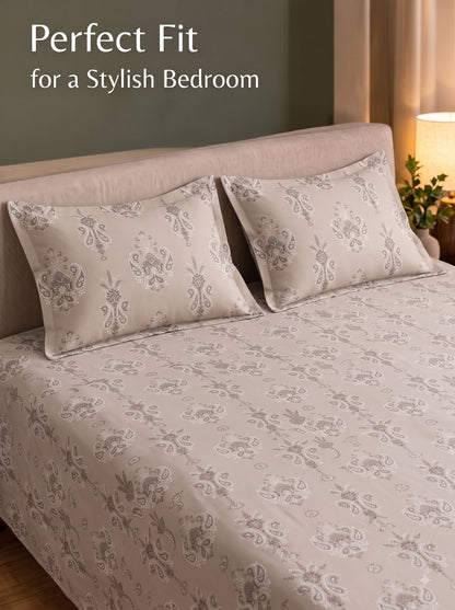 CROWN 100% Cotton Premium Bedsheet | 186 TC Twill Satin Weave | King Size 108 x 108 Inches | Soft, Breathable & Durable|Light Brown
