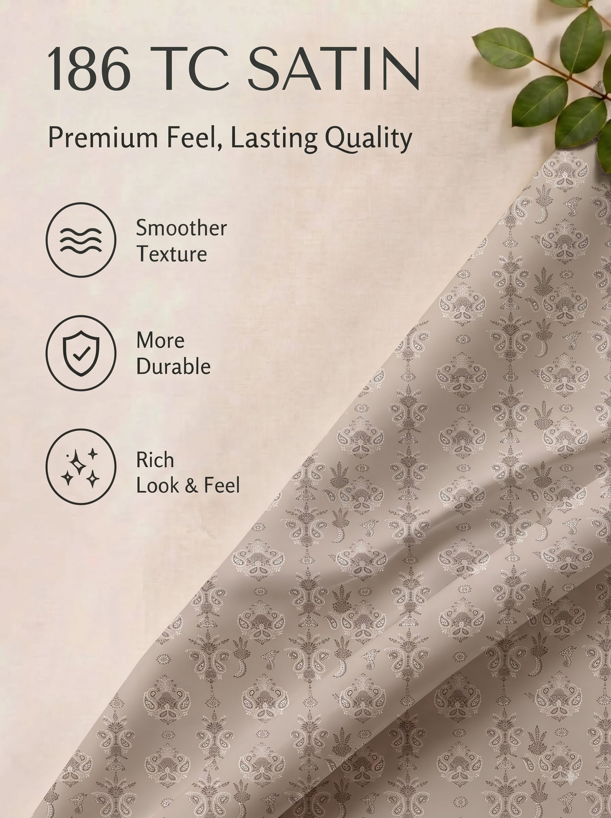 CROWN 100% Cotton Premium Bedsheet | 186 TC Twill Satin Weave | King Size 108 x 108 Inches | Soft, Breathable & Durable|Light Brown