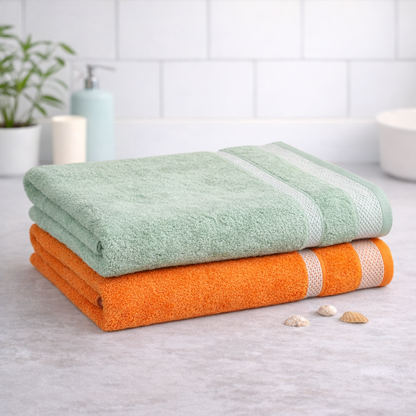 Mafatlal Daffodil Bath Towel – Green & Orange, Cotton