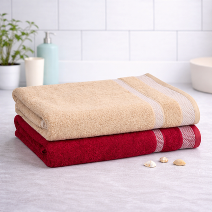 Mafatlal Daffodil Bath Towel – Crème & Red, Cotton