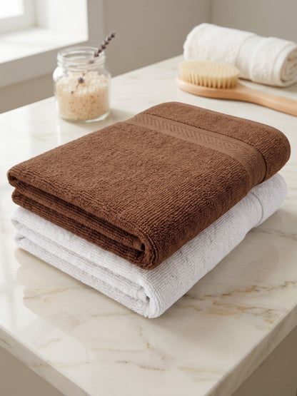 Daisy 100% Cotton Terry Bath Towel Set of 2 | 450 GSM | Soft & Absorbent | 75 x 150 cm| White & Camel Brown