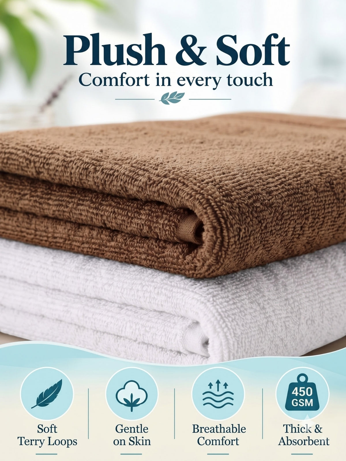 Daisy 100% Cotton Terry Bath Towel Set of 2 | 450 GSM | Soft & Absorbent | 75 x 150 cm| White & Camel Brown