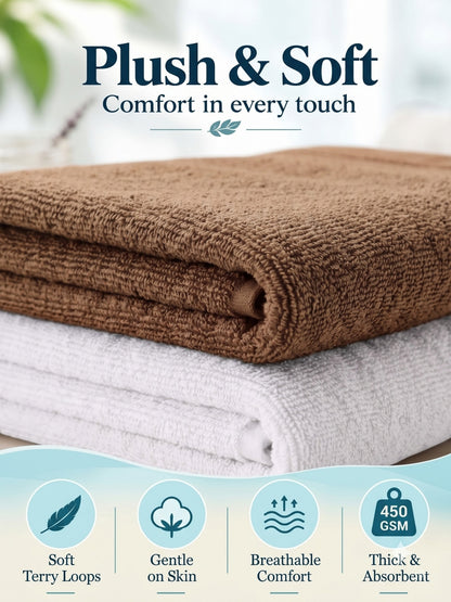 Daisy 100% Cotton Terry Bath Towel Set of 2 | 450 GSM | Soft & Absorbent | 75 x 150 cm| White & Camel Brown