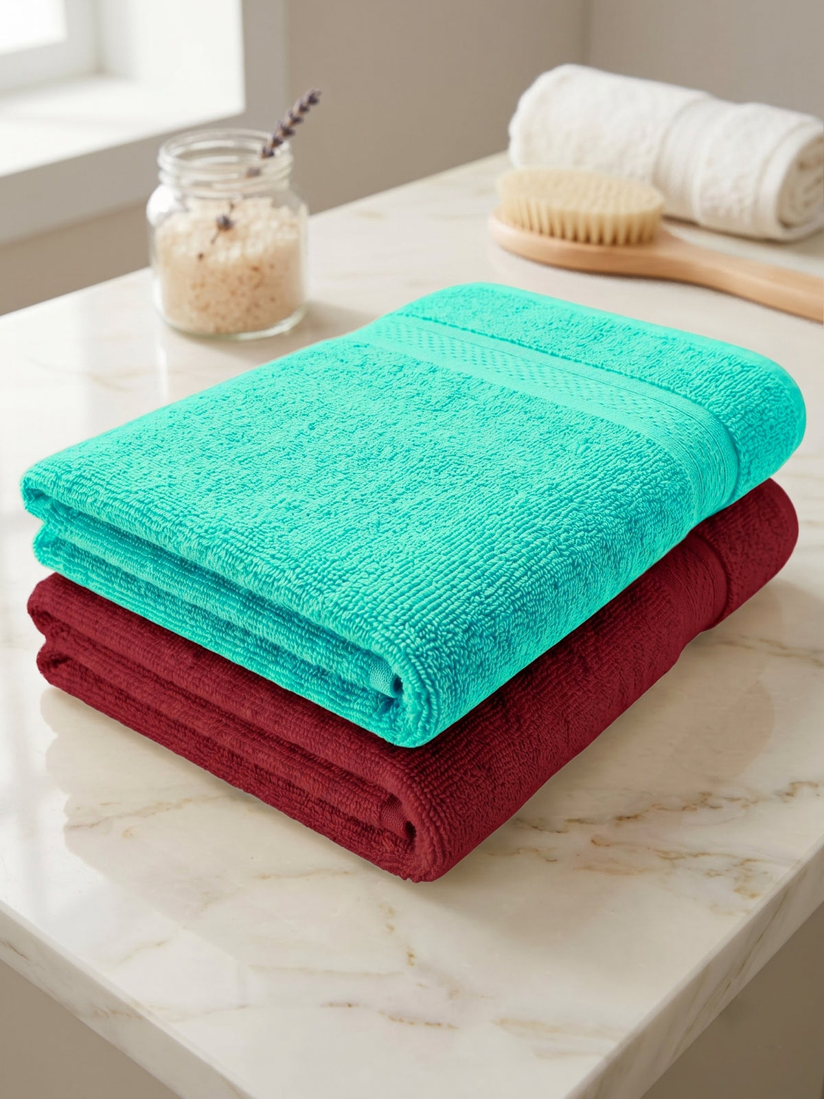 Daisy 100% Cotton Terry Bath Towel Set of 2 | 450 GSM | Soft & Absorbent | 75 x 150 cm|Aqua Blue & Maroon