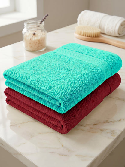 Daisy 100% Cotton Terry Bath Towel Set of 2 | 450 GSM | Soft & Absorbent | 75 x 150 cm|Aqua Blue & Maroon