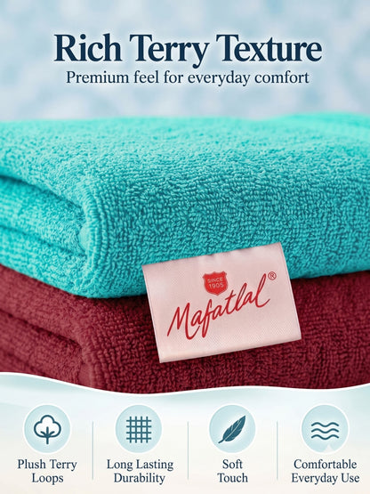 Daisy 100% Cotton Terry Bath Towel Set of 2 | 450 GSM | Soft & Absorbent | 75 x 150 cm|Aqua Blue & Maroon