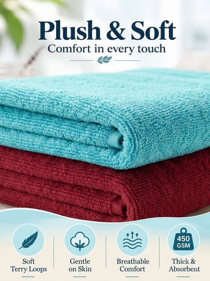 Daisy 100% Cotton Terry Bath Towel Set of 2 | 450 GSM | Soft & Absorbent | 75 x 150 cm|Aqua Blue & Maroon