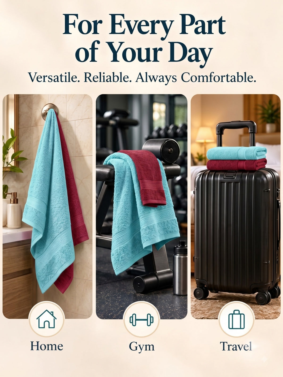 Daisy 100% Cotton Terry Bath Towel Set of 2 | 450 GSM | Soft & Absorbent | 75 x 150 cm|Aqua Blue & Maroon