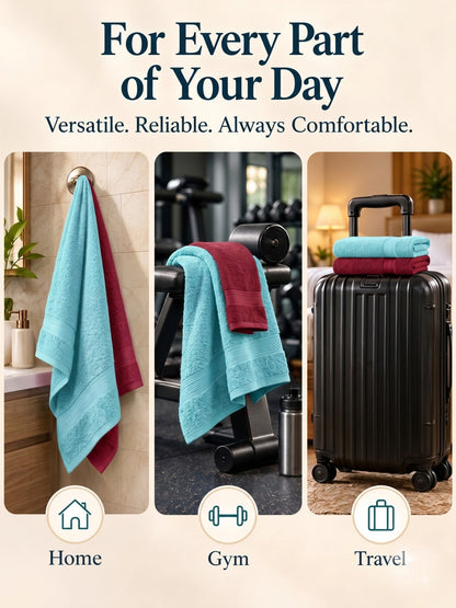 Daisy 100% Cotton Terry Bath Towel Set of 2 | 450 GSM | Soft & Absorbent | 75 x 150 cm|Aqua Blue & Maroon