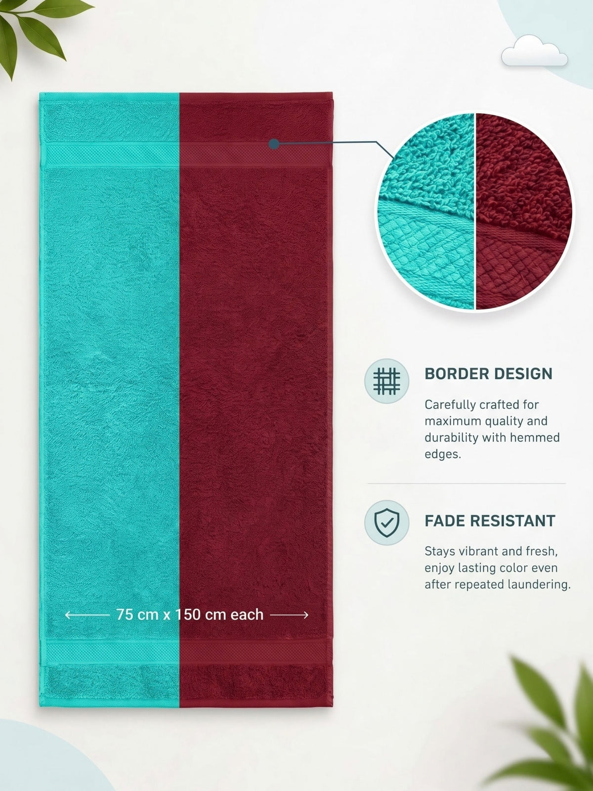 Daisy 100% Cotton Terry Bath Towel Set of 2 | 450 GSM | Soft & Absorbent | 75 x 150 cm|Aqua Blue & Maroon