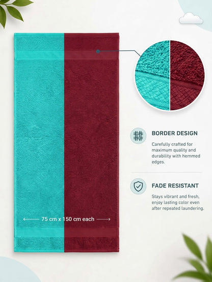 Daisy 100% Cotton Terry Bath Towel Set of 2 | 450 GSM | Soft & Absorbent | 75 x 150 cm|Aqua Blue & Maroon