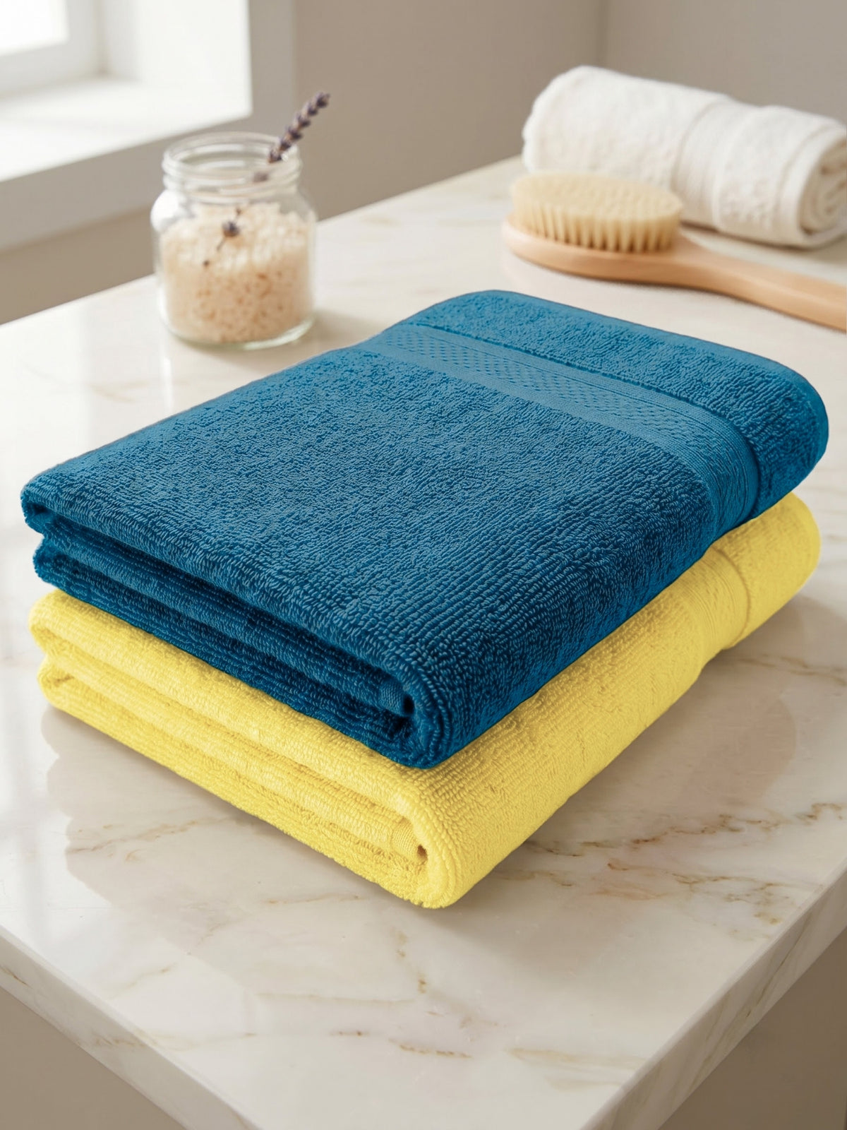 Daisy 100% Cotton Terry Bath Towel Set of 2 | 450 GSM | Soft & Absorbent | 75 x 150 cm| Lemon Yellow & Dark Teal
