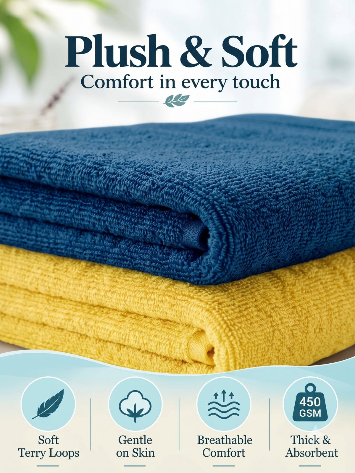 Daisy 100% Cotton Terry Bath Towel Set of 2 | 450 GSM | Soft & Absorbent | 75 x 150 cm| Lemon Yellow & Dark Teal