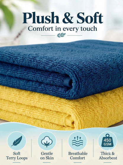 Daisy 100% Cotton Terry Bath Towel Set of 2 | 450 GSM | Soft & Absorbent | 75 x 150 cm| Lemon Yellow & Dark Teal