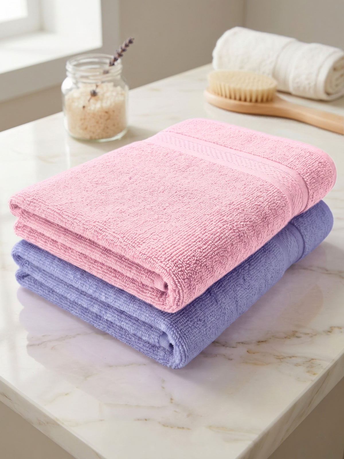 Daisy 100% Cotton Terry Bath Towel Set of 2 | 450 GSM | Soft & Absorbent | 75 x 150 cm| Lavender & Baby Pink