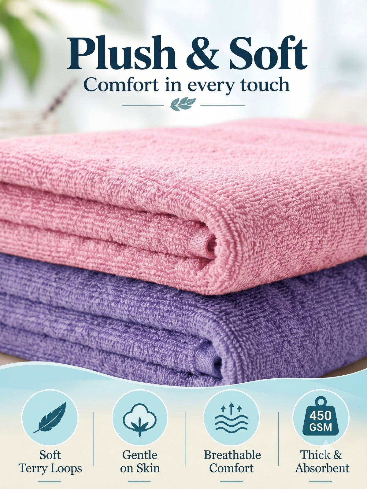 Daisy 100% Cotton Terry Bath Towel Set of 2 | 450 GSM | Soft & Absorbent | 75 x 150 cm| Lavender & Baby Pink