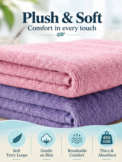 Daisy 100% Cotton Terry Bath Towel Set of 2 | 450 GSM | Soft & Absorbent | 75 x 150 cm| Lavender & Baby Pink