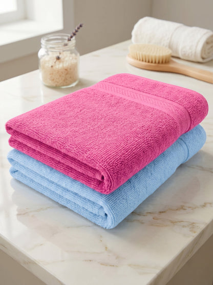 Daisy 100% Cotton Terry Bath Towel Set of 2 | 450 GSM | Soft & Absorbent | 75 x 150 cm| Rose Pink & Sky Blue