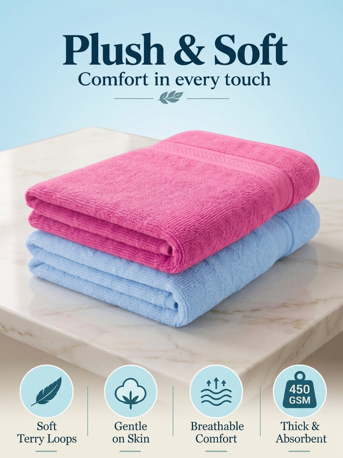 Daisy 100% Cotton Terry Bath Towel Set of 2 | 450 GSM | Soft & Absorbent | 75 x 150 cm| Rose Pink & Sky Blue