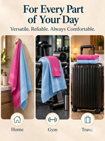 Daisy 100% Cotton Terry Bath Towel Set of 2 | 450 GSM | Soft & Absorbent | 75 x 150 cm| Rose Pink & Sky Blue