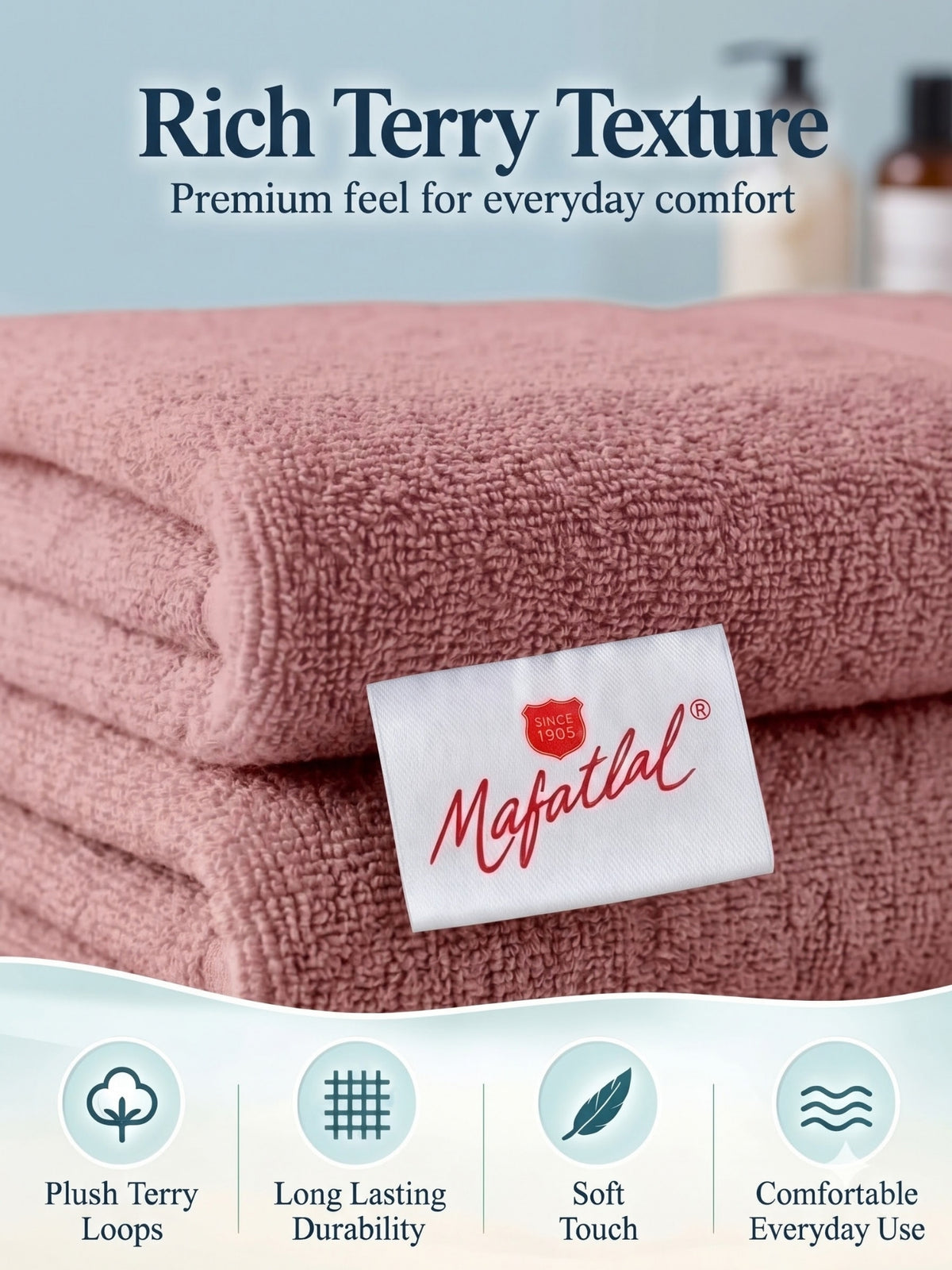 Daisy 100% Cotton Terry Bath Towel Set of 2 | 450 GSM | Soft & Absorbent | 75 x 150 cm| Brownish Grey